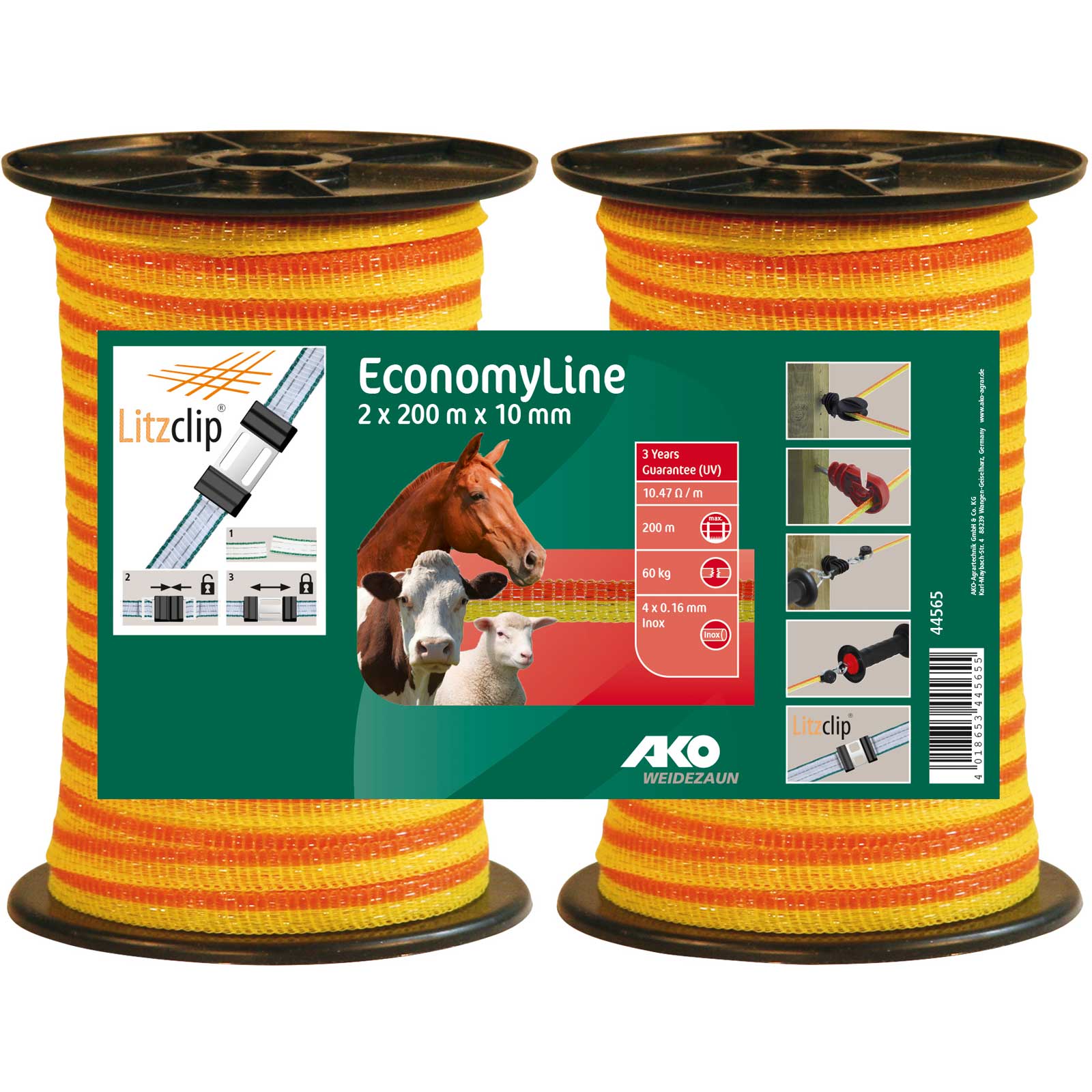 Ako Pasture Fence Tape EconomyLine 400m, 10mm, 4x0.16 Niro, yellow-orange