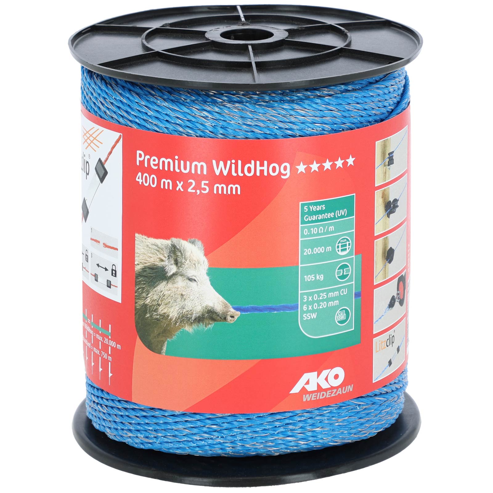Ako Pasture Fence Polywire Premium WildHog 400m, 3x0.20 Stainless steel, 6x0.25 Copper, blue