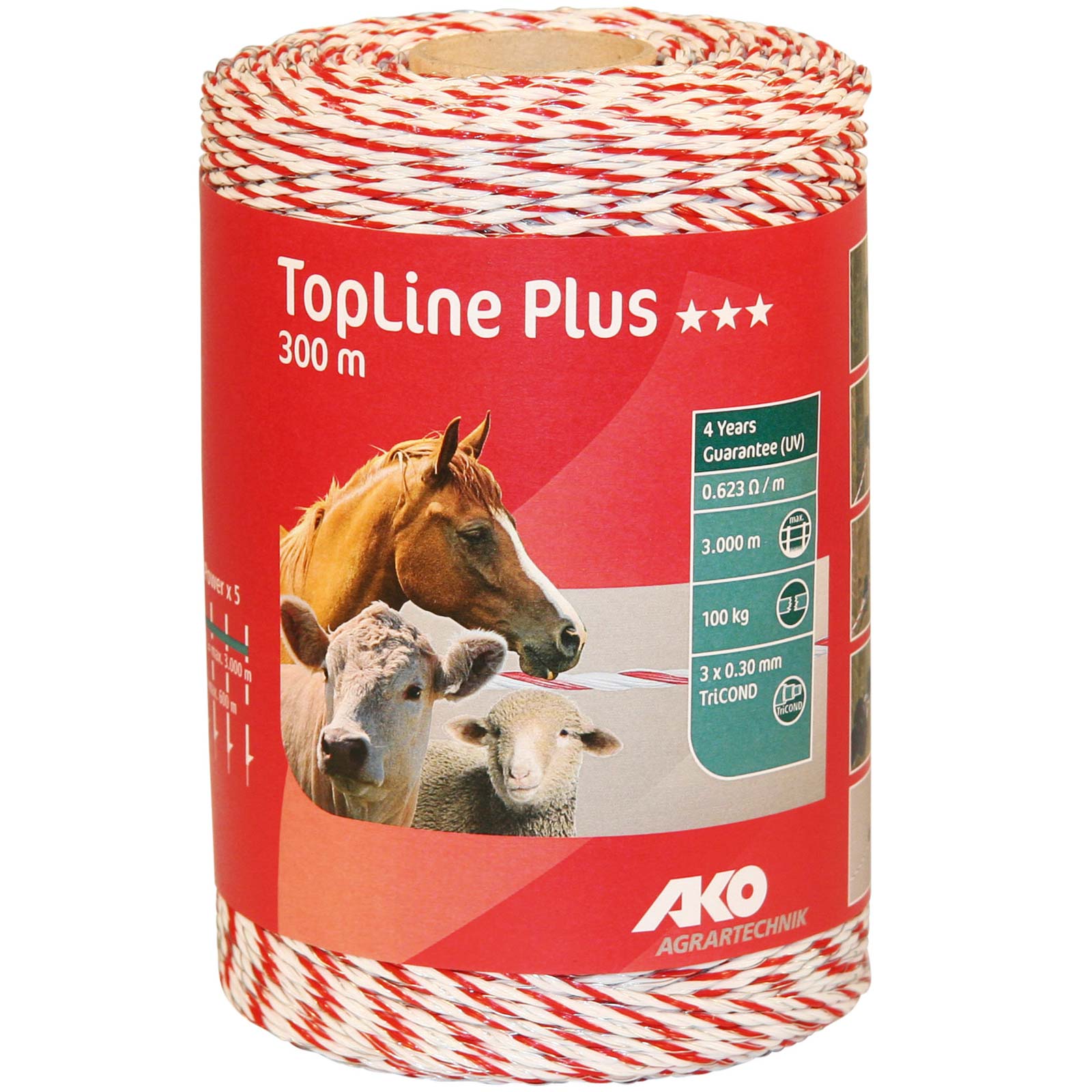 Ako Pasture Fence Polywire TopLine Plus 300m, 3x0.30 TriCOND, white-red