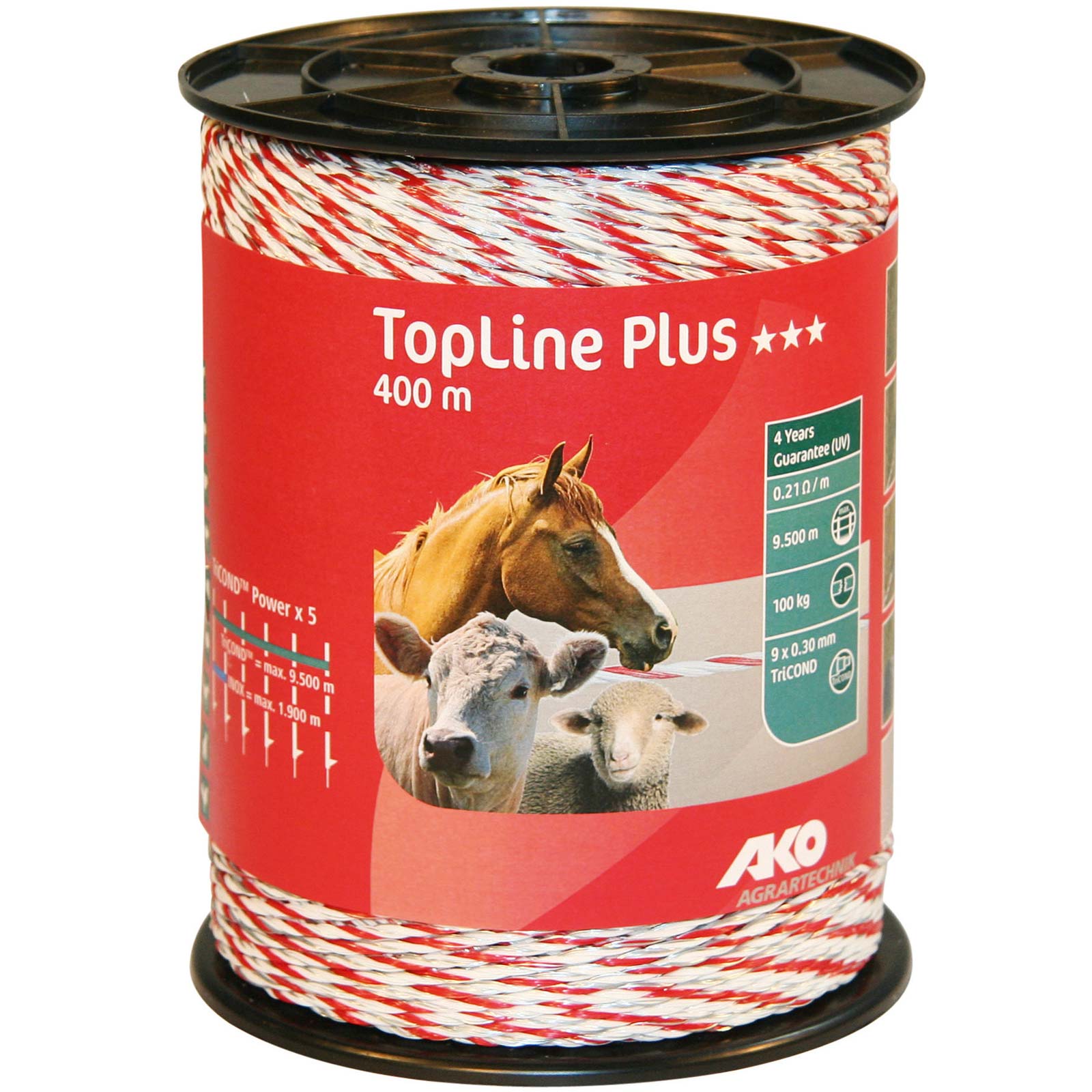 Ako Pasture Fence Polywire TopLine Plus 0.30 TriCOND, white-red
