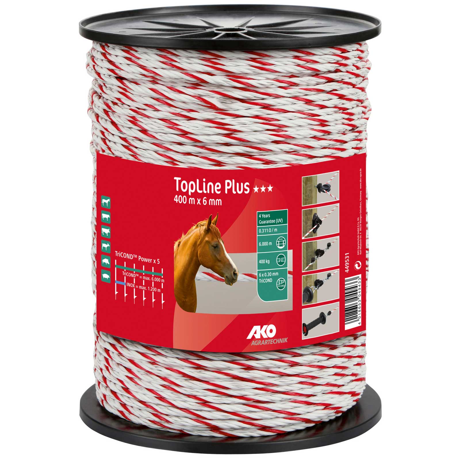 Ako Pasture Fence Rope TopLine Plus Ø 6mm, 6x0.30 TriCOND, white-red
