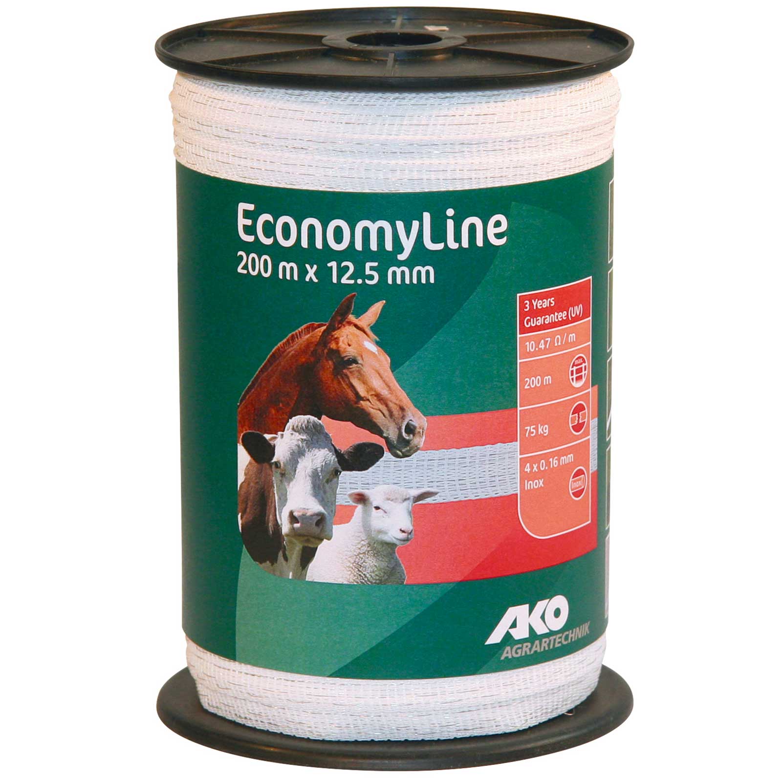 Ako Pasture Fence Tape EconomyLine 200m, 12,5mm, 4x0.16 Niro, white