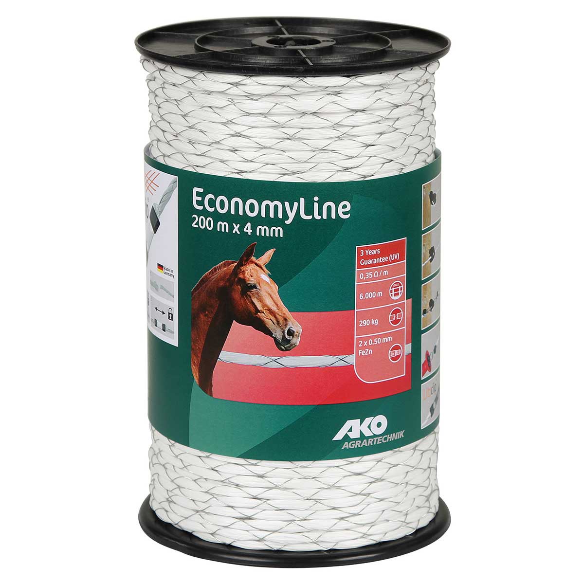 Ako Pasture Fence Rope EconomyLine cross-wound 200m, Ø 4mm, 2x0.50 FeZn