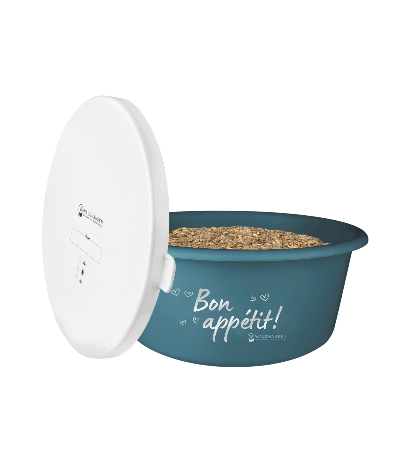 Waldhausen feeding bowl "Bon Appétit!" with lid, petrol blue, 5 l