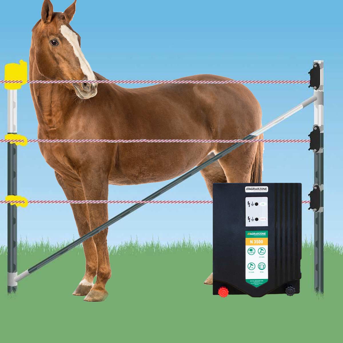Horse fence set n3500 230v, 300m T-post fixed fence 182 cm, 3 rows, 1 gate