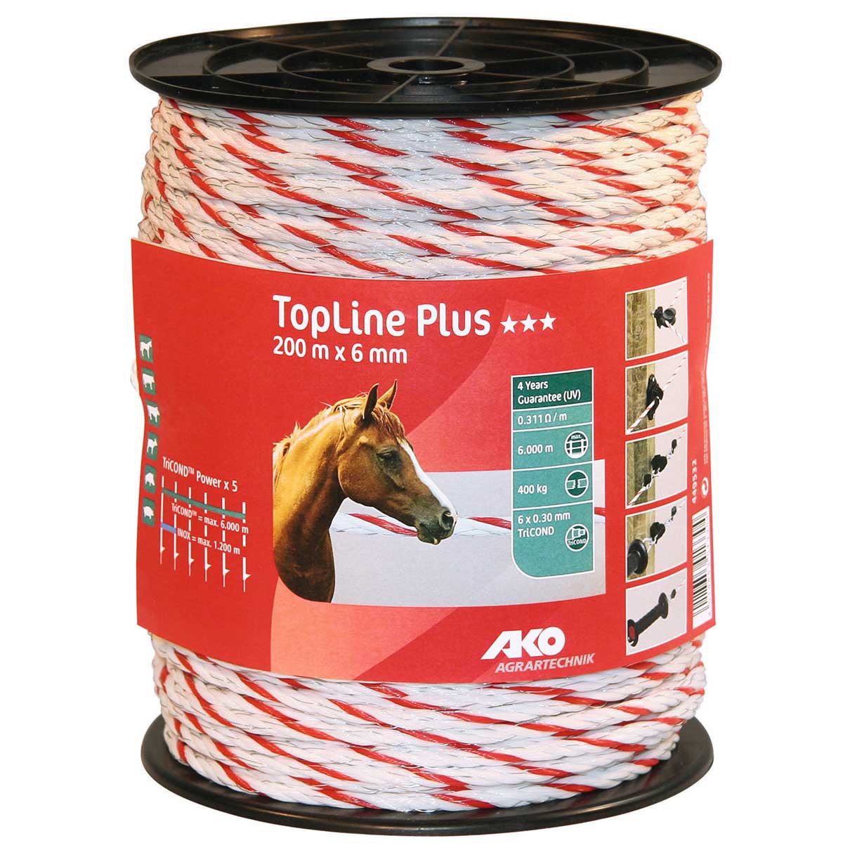 Ako Pasture Fence Rope TopLine Plus 200m, Ø 6mm, 6x0.30 TriCOND, white-red