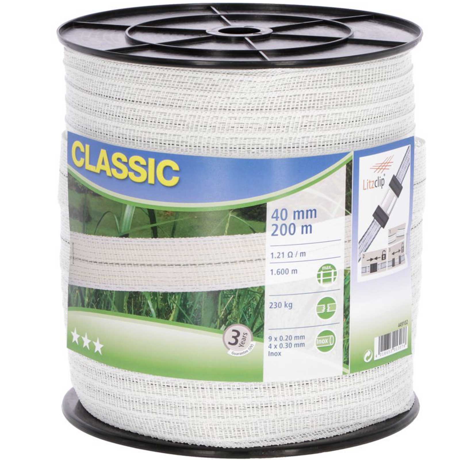 CLASSIC Fencing Tape 200m 40mm 9x0,20 + 4x0,30 Niro white