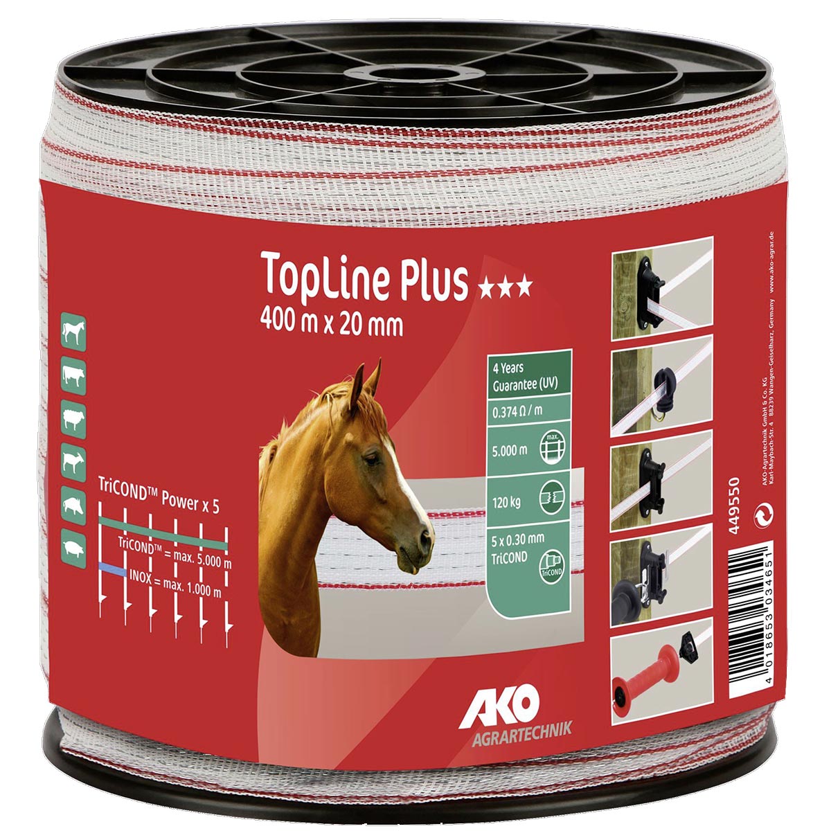 Ako Pasture Fence Tape TopLine Plus 400m, 20mm, 5x0.30 TriCOND, white-red