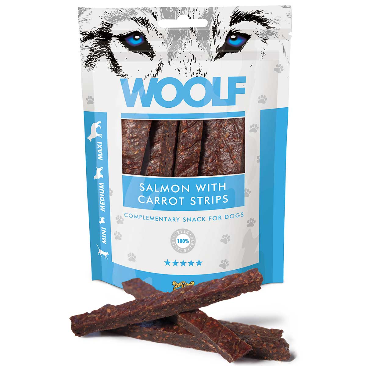 Woolf Dog treat salmon strips with carrots