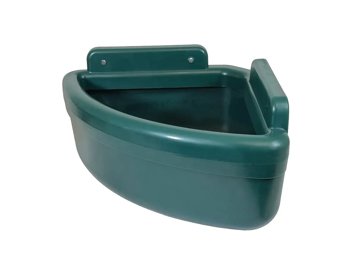 Corner horse trough with feed saving edge and drain