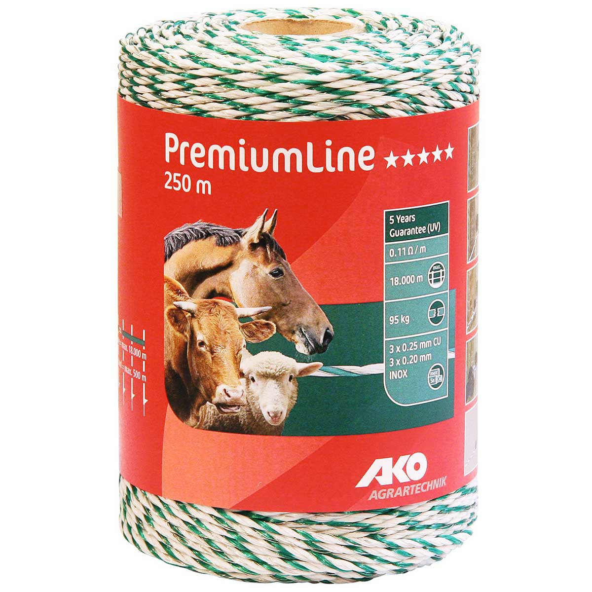 Ako Pasture Fence Polywire PremiumLine 250m, 3x0.20 Niro + 3x0.25 Copper, white-green
