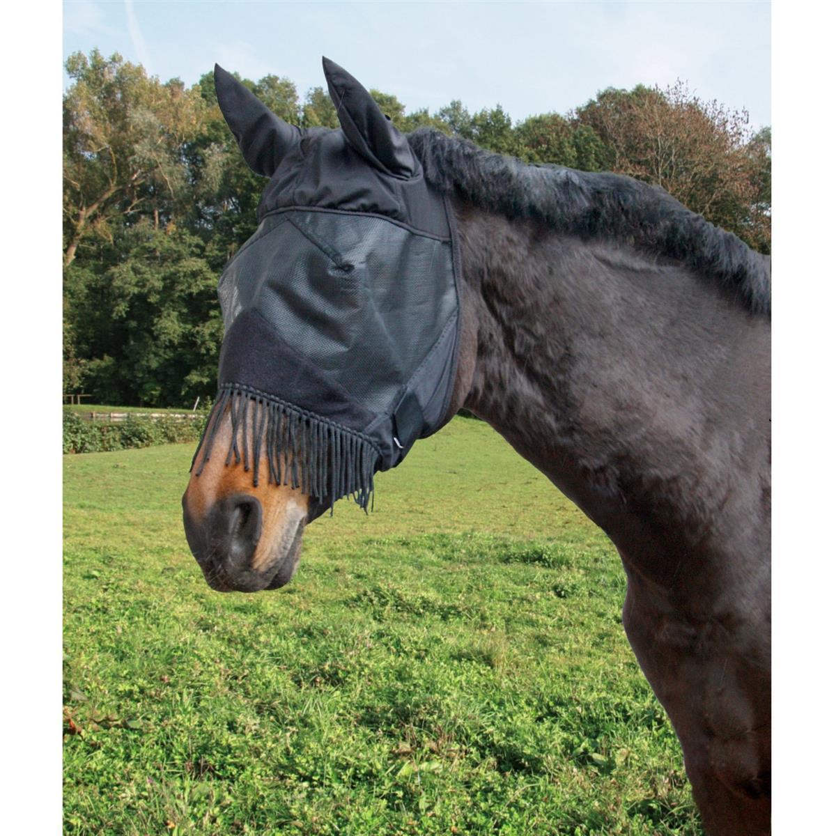 Fly mask cob, black, with ear protection/nostril cord black pony