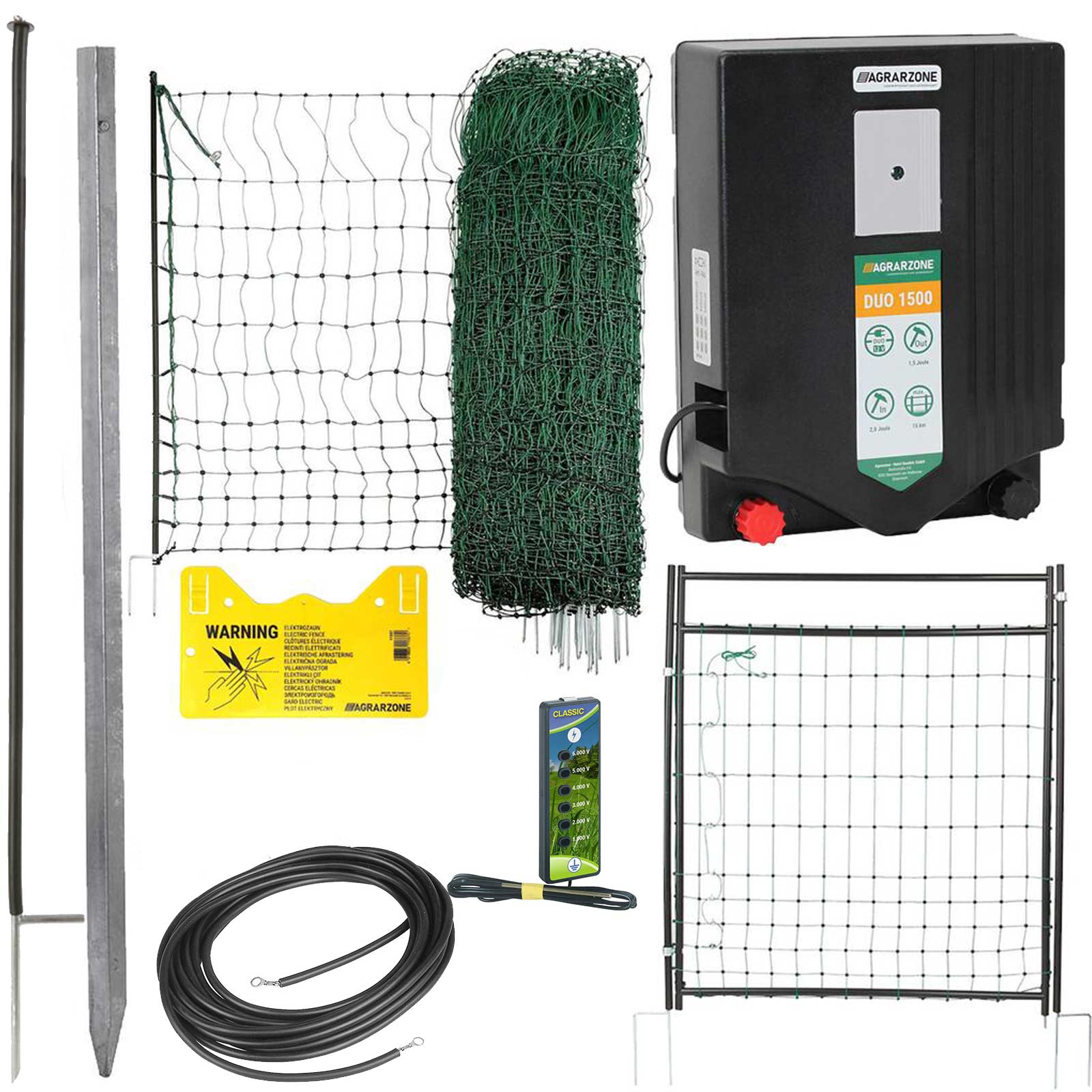 Agrarzone poultry fence set DUO 1500 12V/230V, 2J, net 50m x 112cm, with door, green