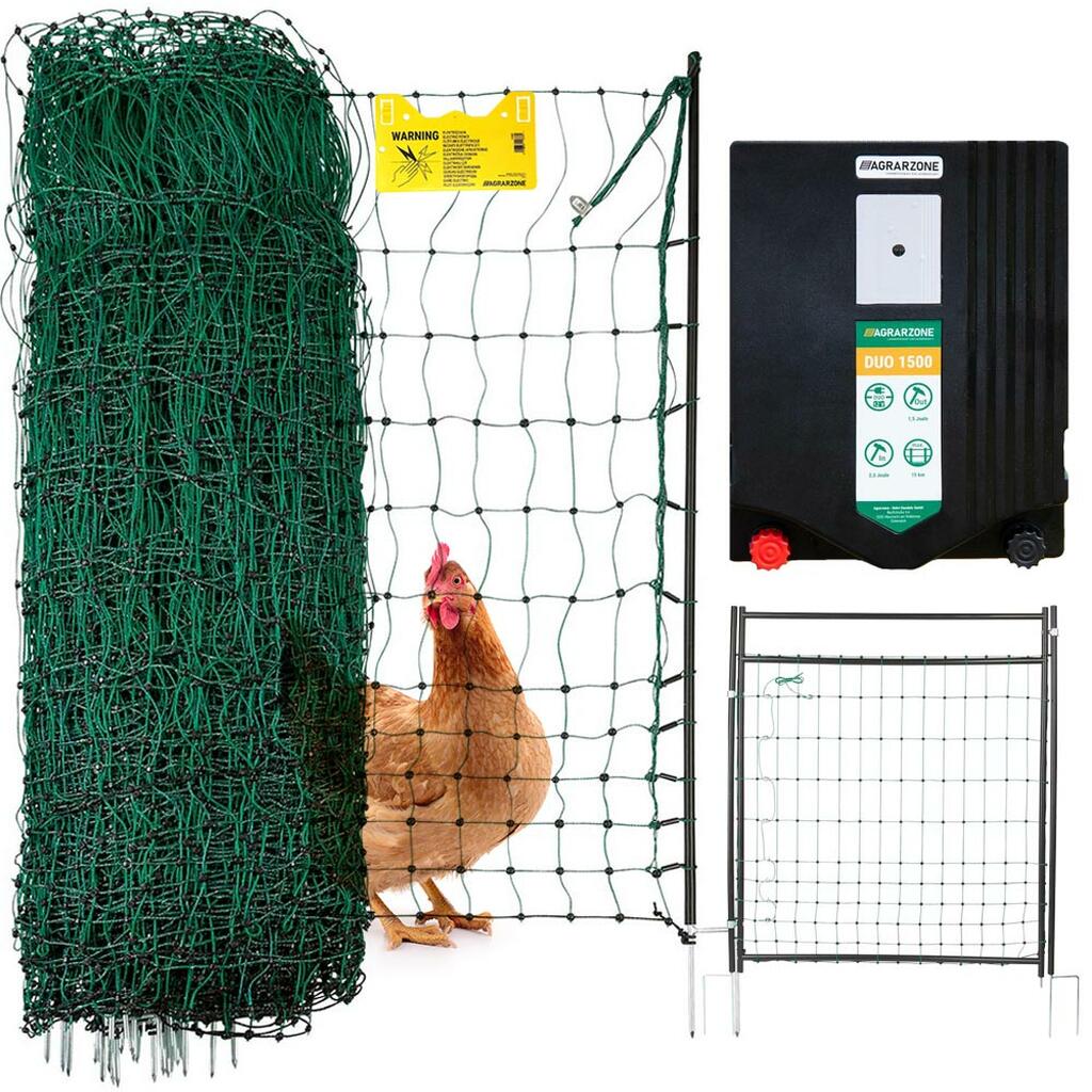 Agrarzone poultry fence set DUO 1500 12V/230V, 2J, net 50m x 112cm, with door, green