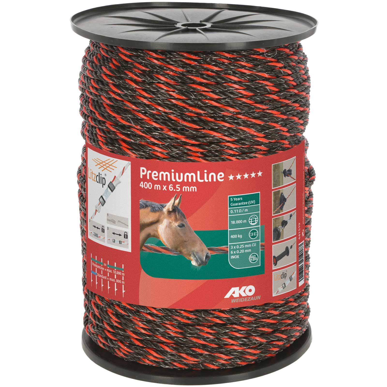 Ako Pasture Fence Rope PremiumLine 400m, Ø 6,5mm, 6x0.20 Niro + 3x0.25 Copper, orange-brown