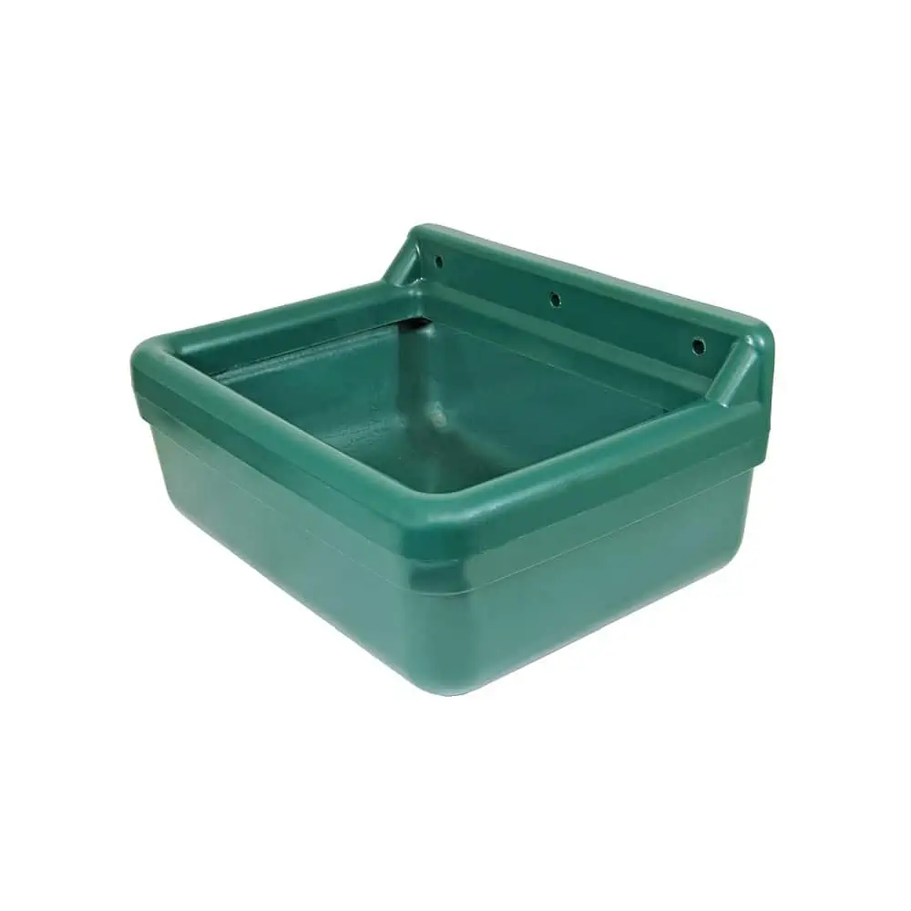 Rectangular horse trough with feed saving edge and drain