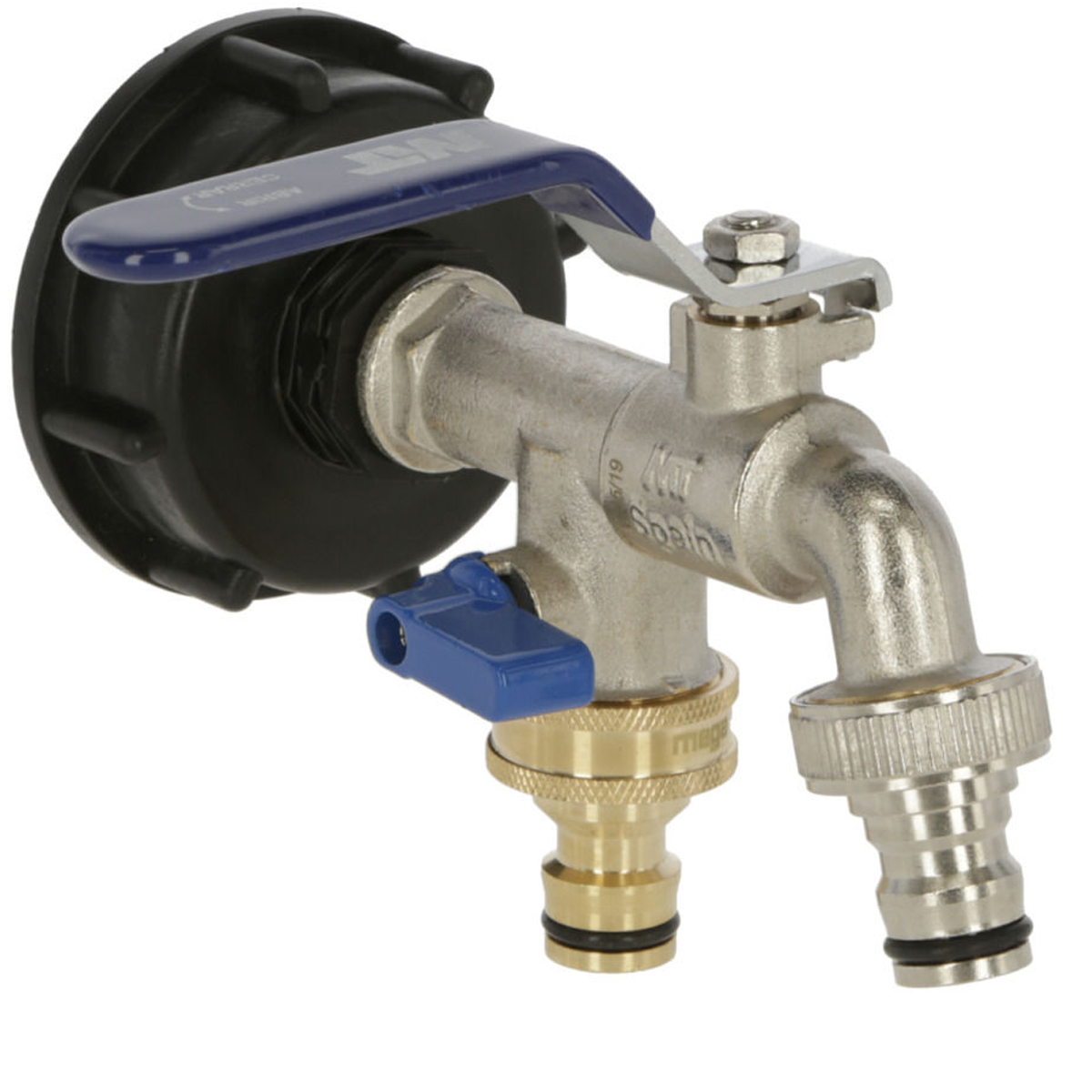 Connection tap for IBC containers with two quick couplings