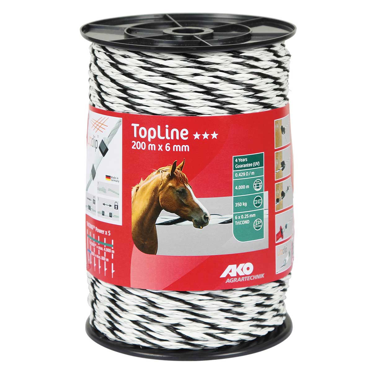 Ako Pasture Fence Rope TopLine Plus 200m, Ø 6mm, 6x0.25 TriCOND, white-black